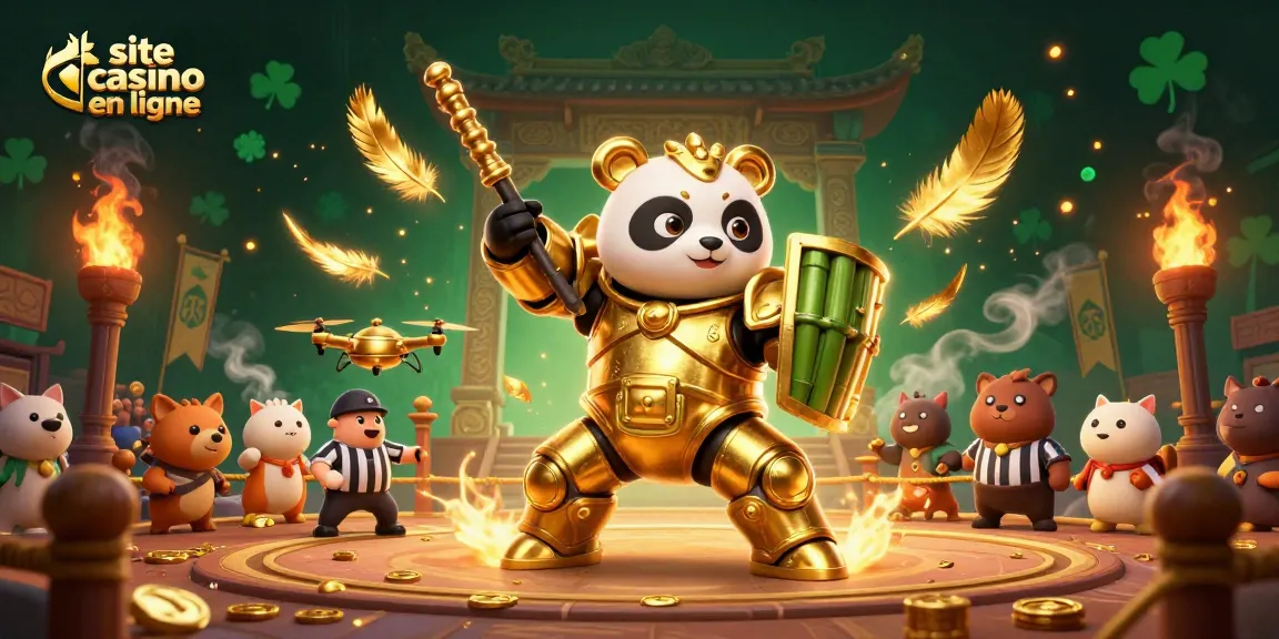 Illustration captivante représentant un panda doré en mech-suit sur un site casino en ligne dynamique, entouré d'éléments de jeu.