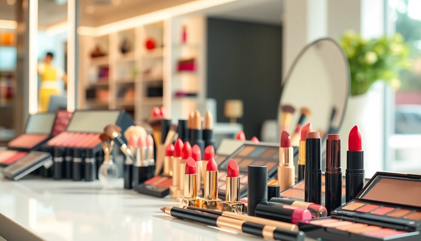 Showcase of wholesale make up products arranged beautifully on a vanity.