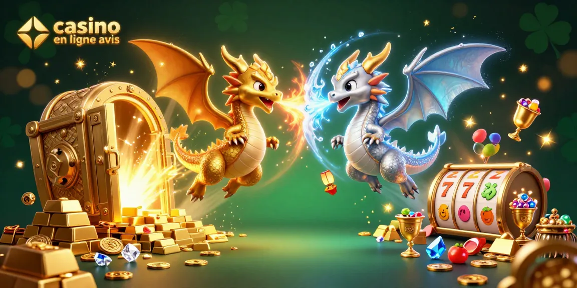 Évaluez les casinos en ligne et gagnez avec ce visuel captivant de dragons et de trésors.