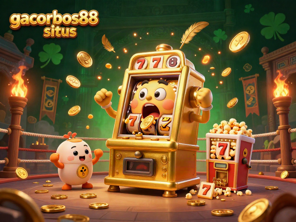 Experience the excitement at gacorbos88 situs with a dynamic scene of a golden slot machine celebrating a jackpot.