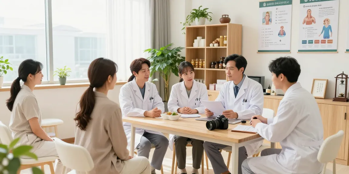 Consultation at 수원한의원 with friendly healthcare team and patients in a welcoming environment.