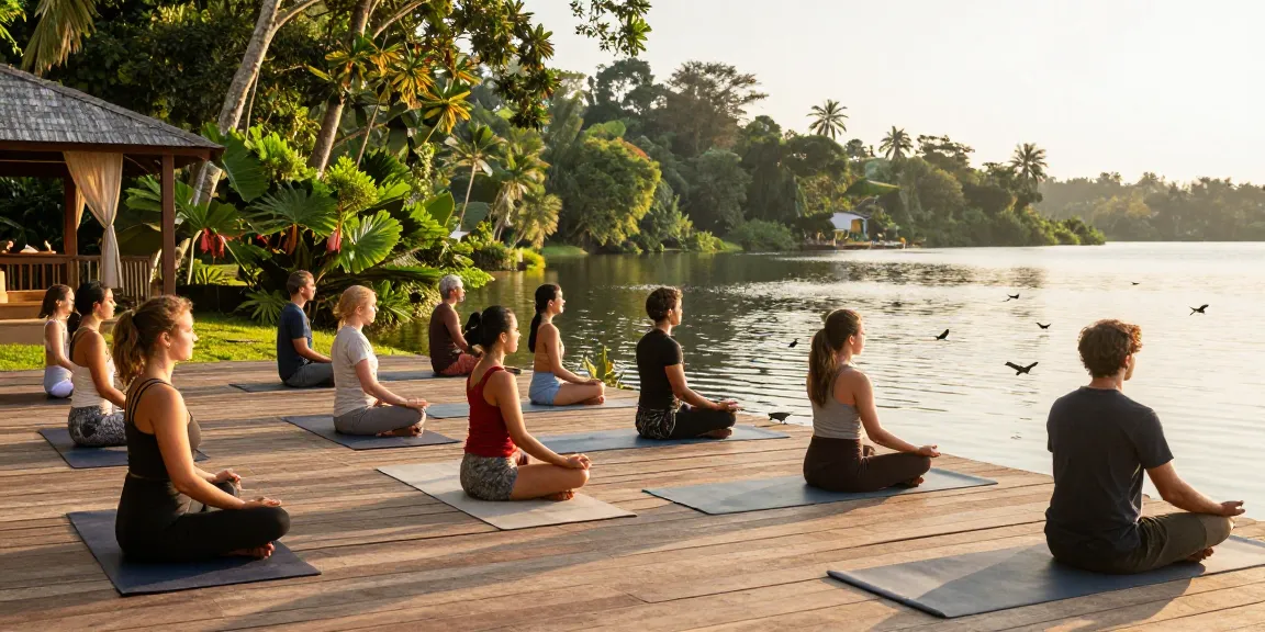 Engaging in morning meditation during a 200hr YTT Sri Lanka at a serene lakeside yoga school.