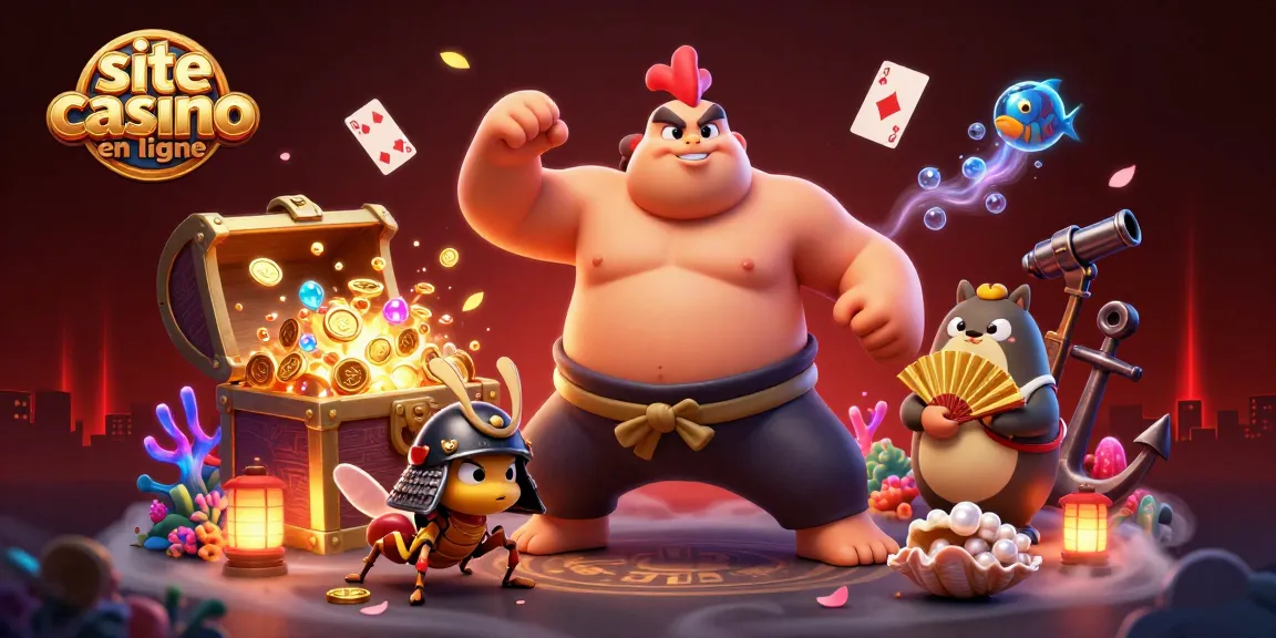 Illustration dynamique d'un site casino en ligne avec un sumo et un grillon en action.
