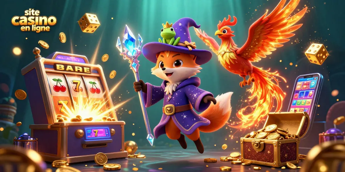 Illustration dynamique de personnages de casino en ligne avec des éléments de jeu, site casino en ligne en arrière-plan.