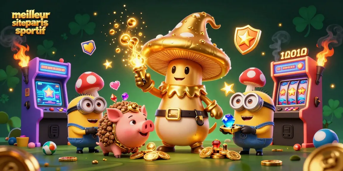 Illustration colorée du meilleur site de paris sportif mettant en scène un sorcier champignon doré, un cochon truffier et des lutins avec des joyaux.