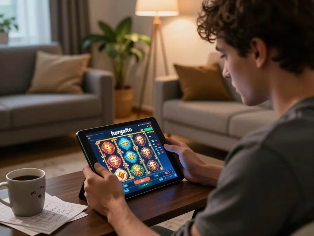 Enjoying hargatoto slot gameplay on a tablet in a cozy living room with strategy notes.