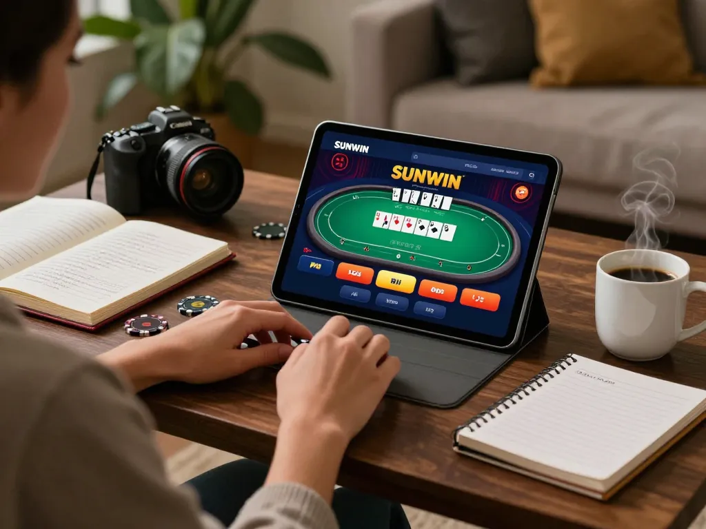 SUNWIN player strategizing with casino app on tablet amid cozy home furnishings.