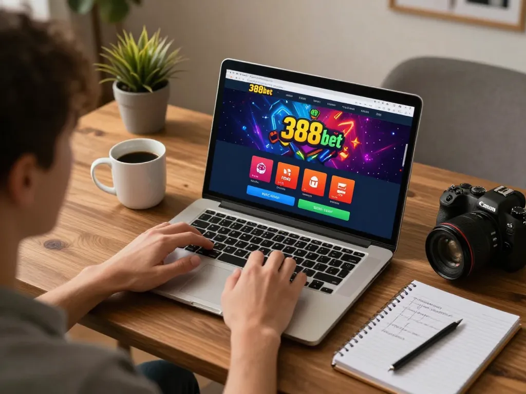 Engaging online gaming scene with 388bet interface, laptop, and betting strategies.