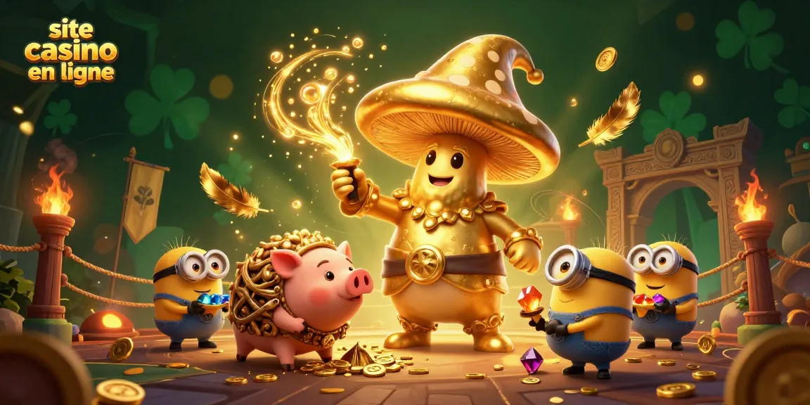 Illustration d'un site casino en ligne avec un magicien champignon doré et des pièces d'or éparpillées.