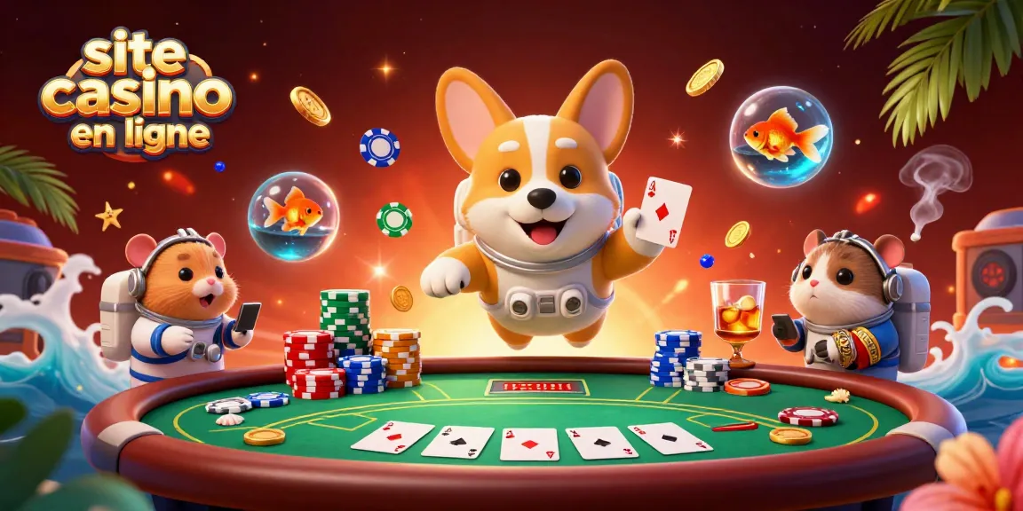 Scène dynamique de site casino en ligne avec un corgi astronaute, des jetons de poker et des pièces d'or flottantes