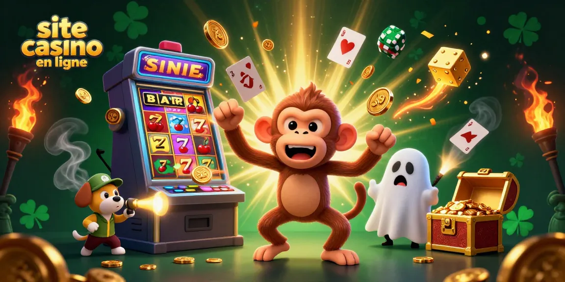 Une illustration captivante de la thématique site casino en ligne avec un singe poltergeist et un chiot chasseur de fantômes.