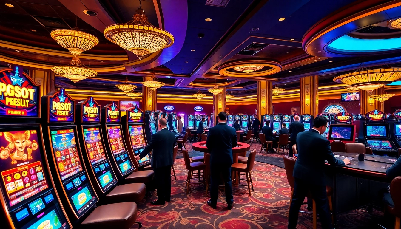 Experience PGSoft PGSlot โค้ดฟรี at a luxurious casino featuring vibrant slot machines and engaging gameplay.