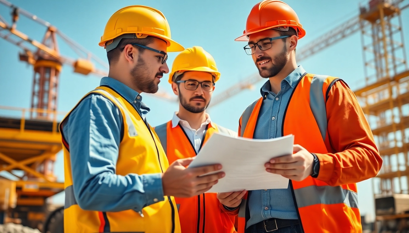 Workers engaged in construction labor compliance review on-site, showcasing safety gear and documentation.