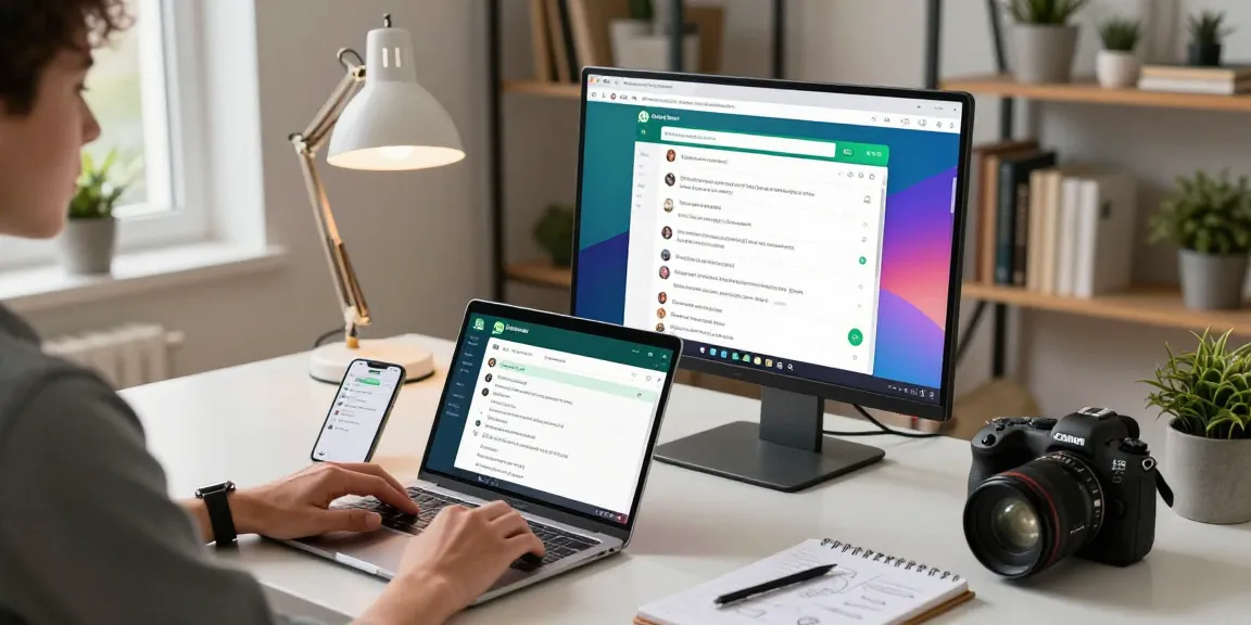 Person using WhatsApp網頁版 on a laptop in a modern home office, with vibrant chat displayed.