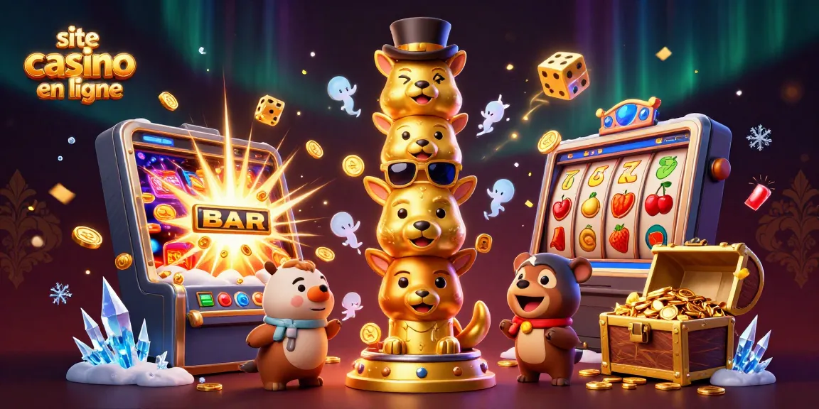 Jouez sur le site casino en ligne avec une illustration 3D captivante de machines à sous et un totem doré.