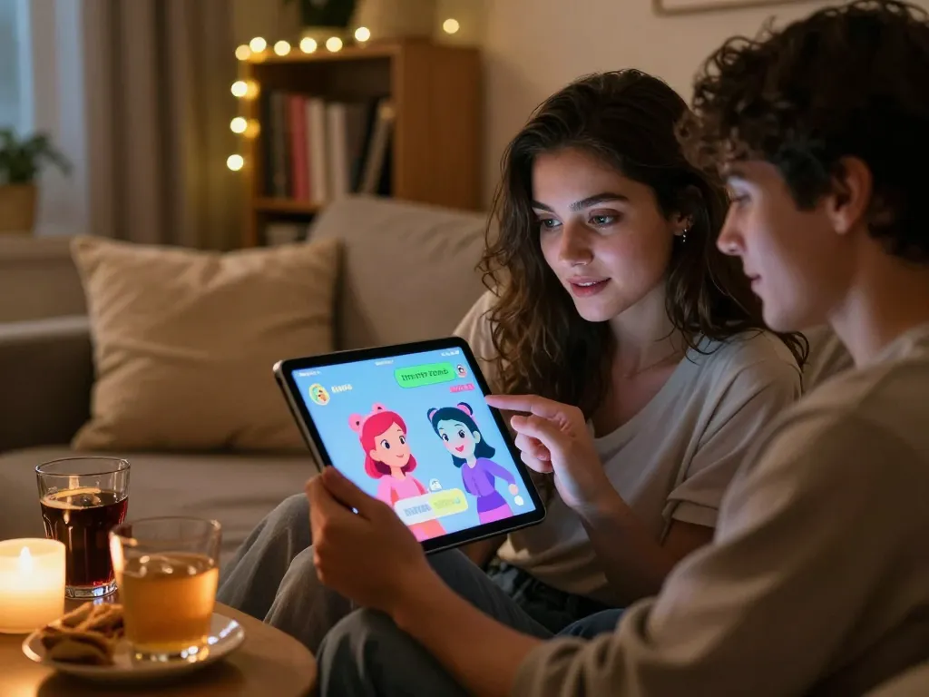 Engaging NSFW AI chat scene with a woman using a tablet in a cozy, intimate setting.