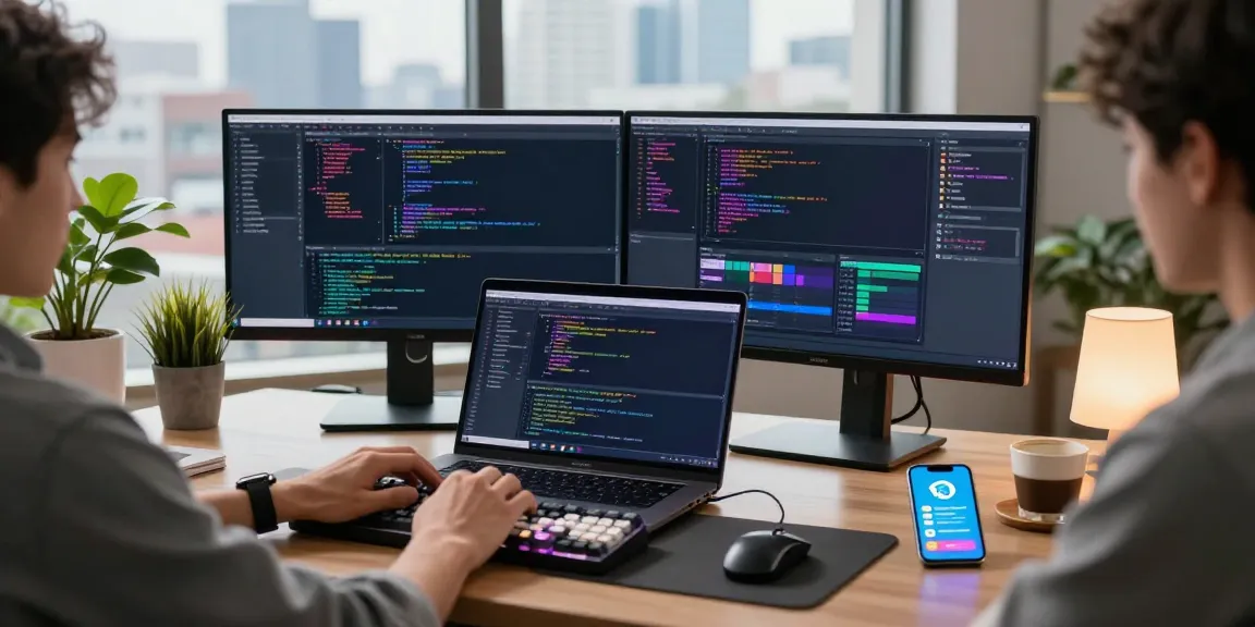 Dynamic coding scene featuring 纸飞机中文版 on multiple screens in a modern workspace.