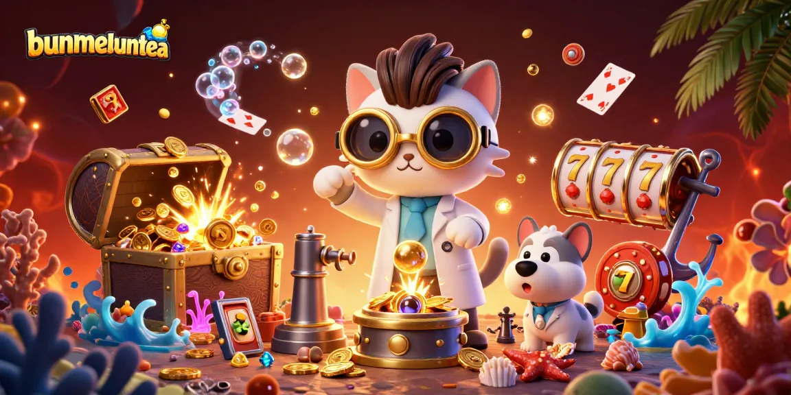 Bermain slot gacor dengan bunmeebuntea melalui ilustrasi kartun 3D menarik yang menggambarkan karakter ilmuwan kucing dengan alat dan rekan anjingnya, dikelilingi oleh elemen permainan kasino yang pen