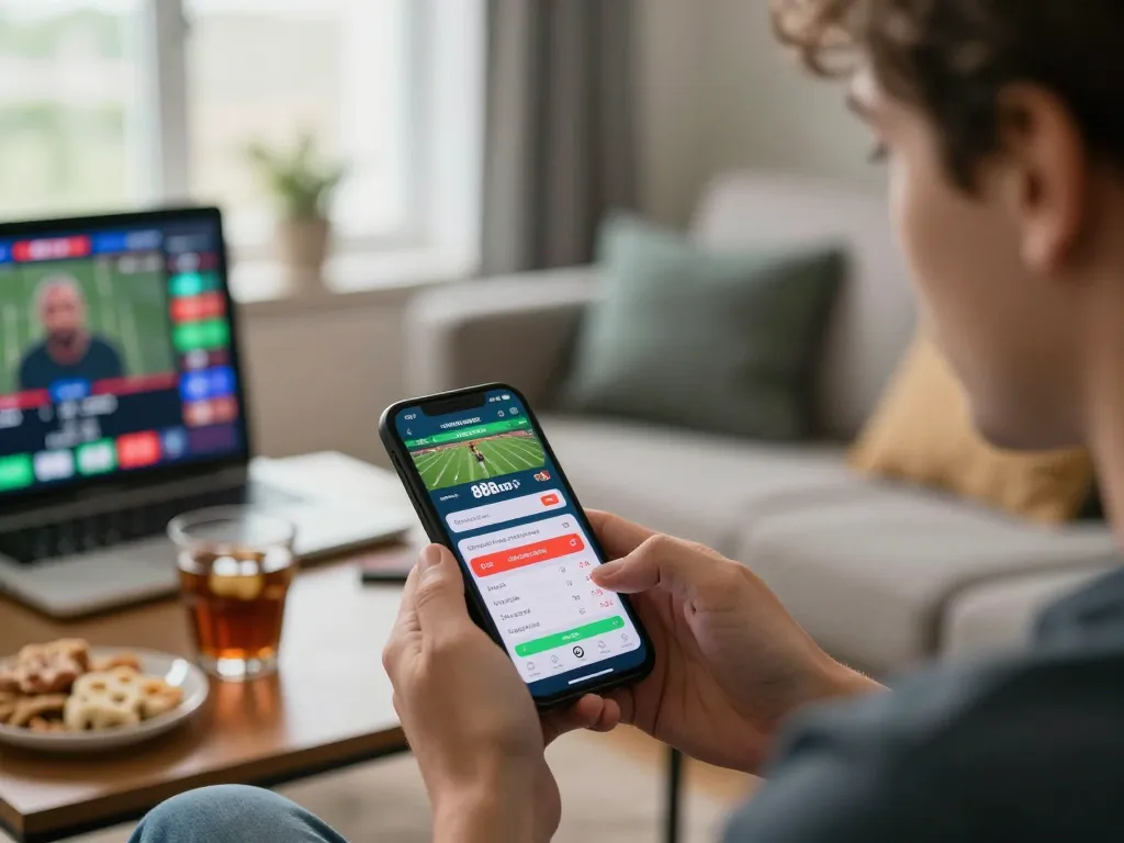 Engaging in live sports betting on 888top app while enjoying a comfortable home setting