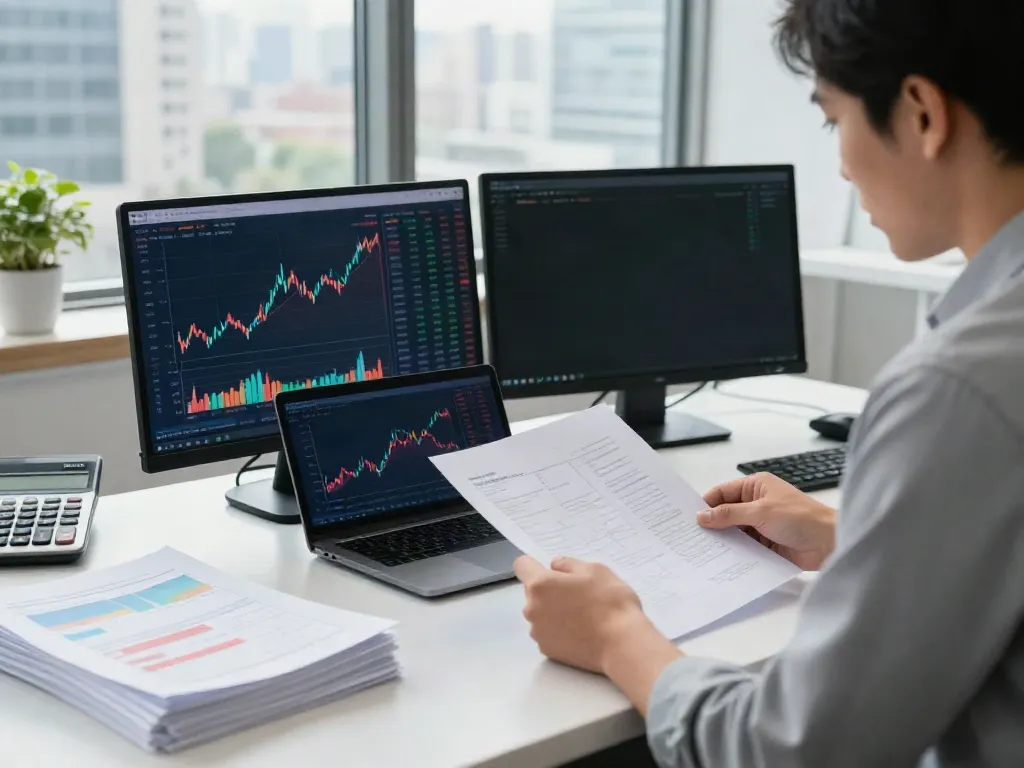 Financial analyst using FintechZoom.com insights in a modern office.