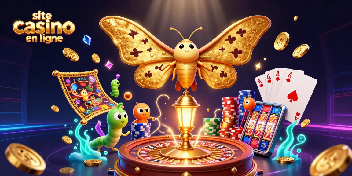 Admirez le site casino en ligne avec une illustration colorée de jeux de casino et un papillon.