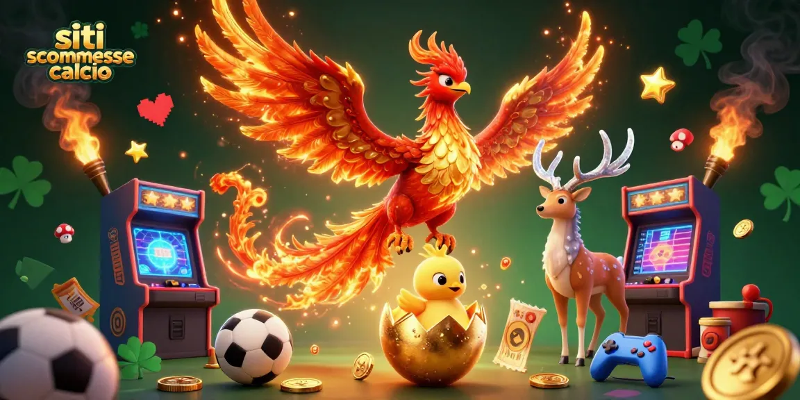 Siti scommesse calcio: scopri un'illustrazione vivace di un'atmosfera di scommesse con un fenice e elementi sportivi
