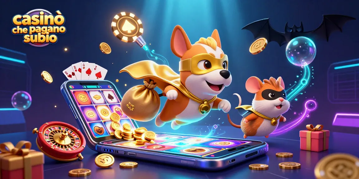 Casinò che pagano subito: illustrazione di un cane supereroe e un criceto mascherato in azione con elementi di gioco d'azzardo.
