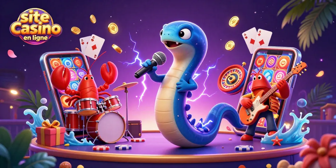 Illustration de l'eel DJ dans un site casino en ligne, vibrant et coloré, avec équipements de jeu