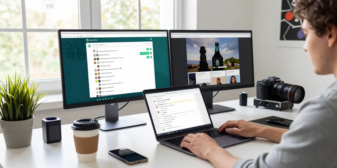 Engaged user accessing WhatsApp網頁版 on laptop in a vibrant, modern workspace.