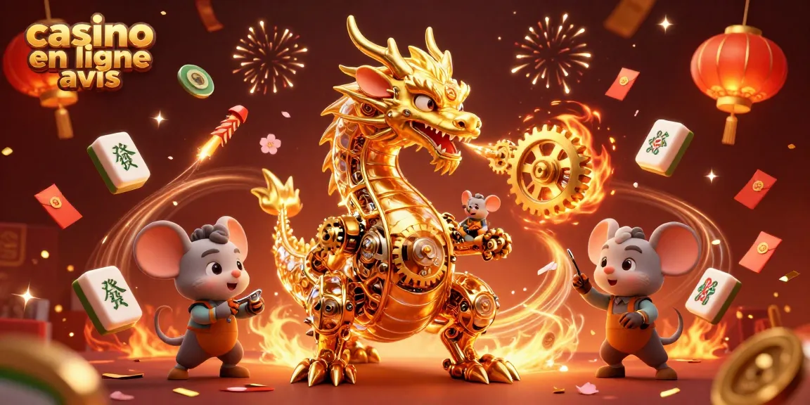 Visualisez un dragon doré et un ingénieur souris en pleine célébration dans un casino en ligne avis.