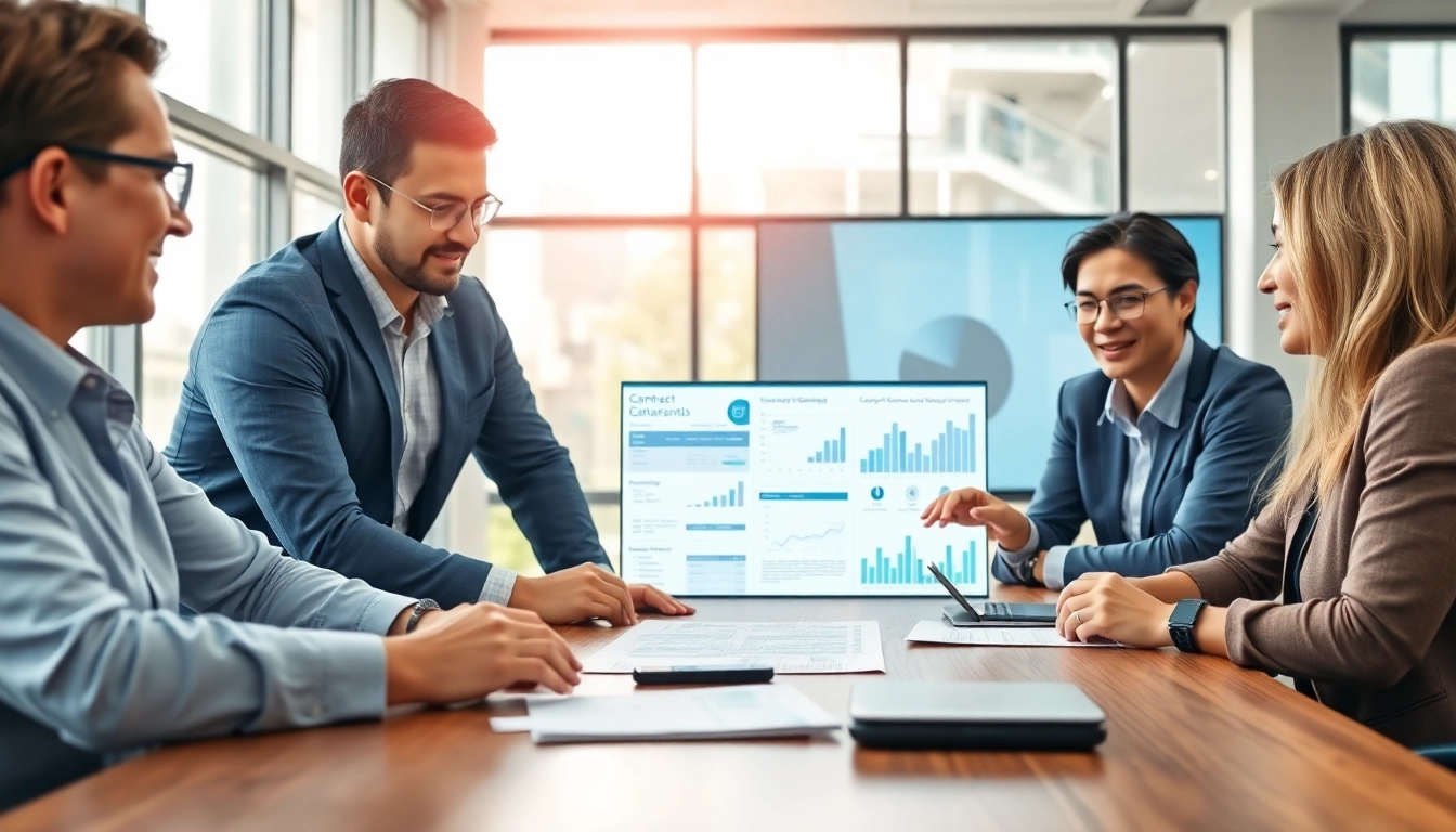 Team analyzing contract management solutions in a modern office space, emphasizing collaboration.