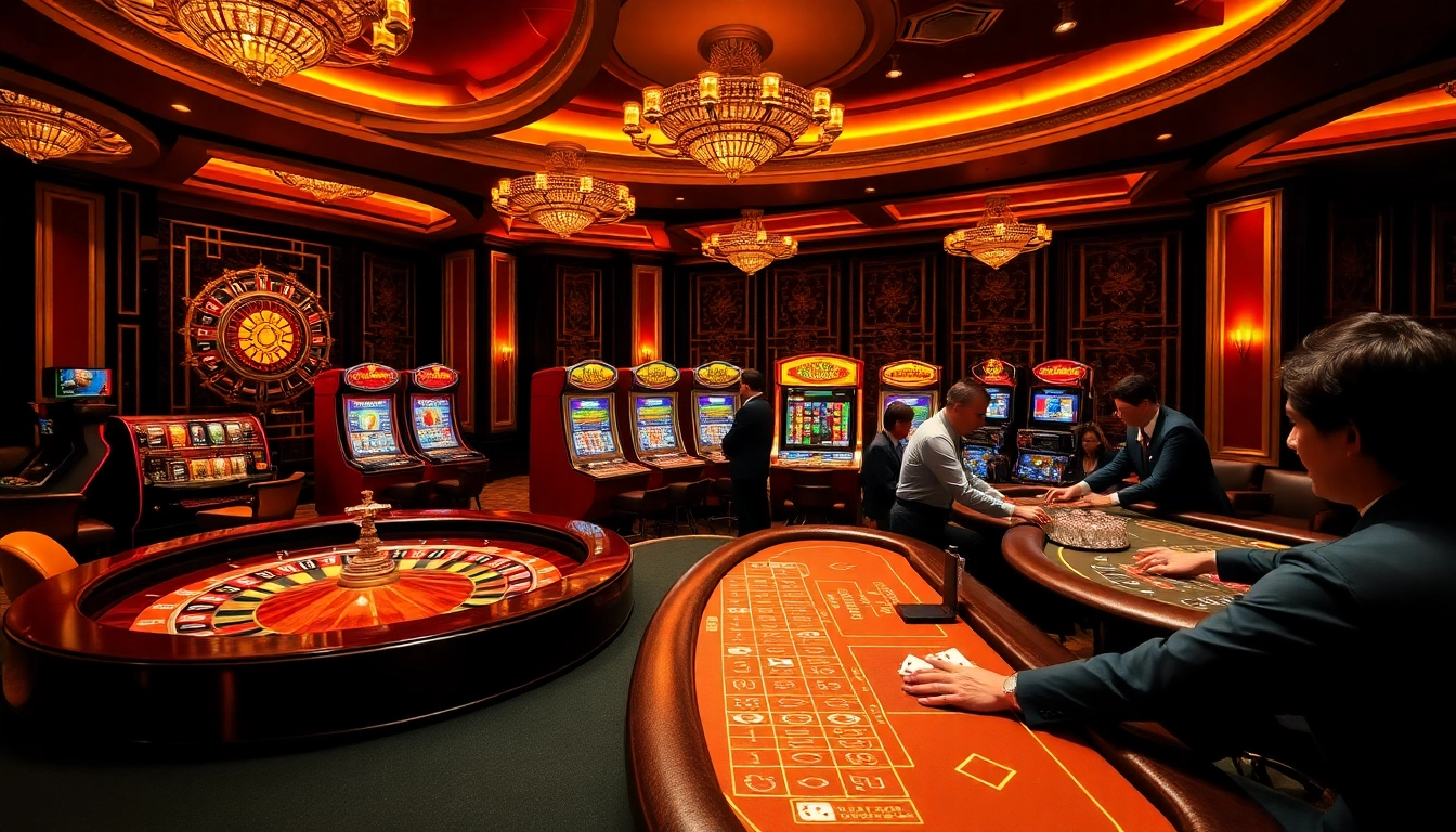Players enjoying games at rr88 casino with vibrant slot machines and a roulette wheel