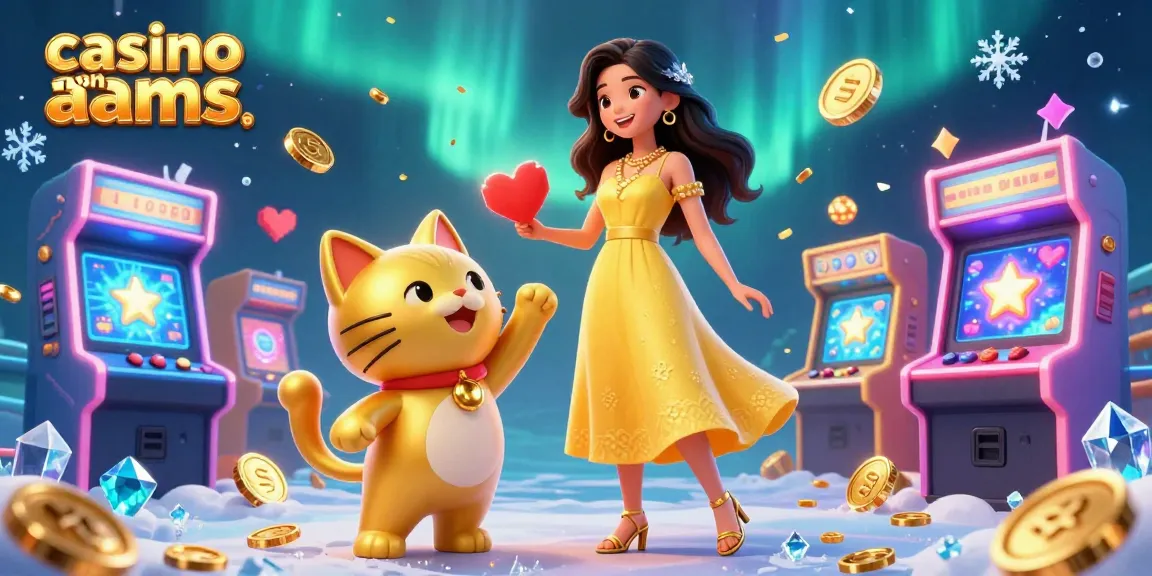 Interagisci con l'azione dei casinò non AAMS mentre una donna asiatica allegra interagisce con un gatto fortunato dorato tra elementi di gioco vivaci.