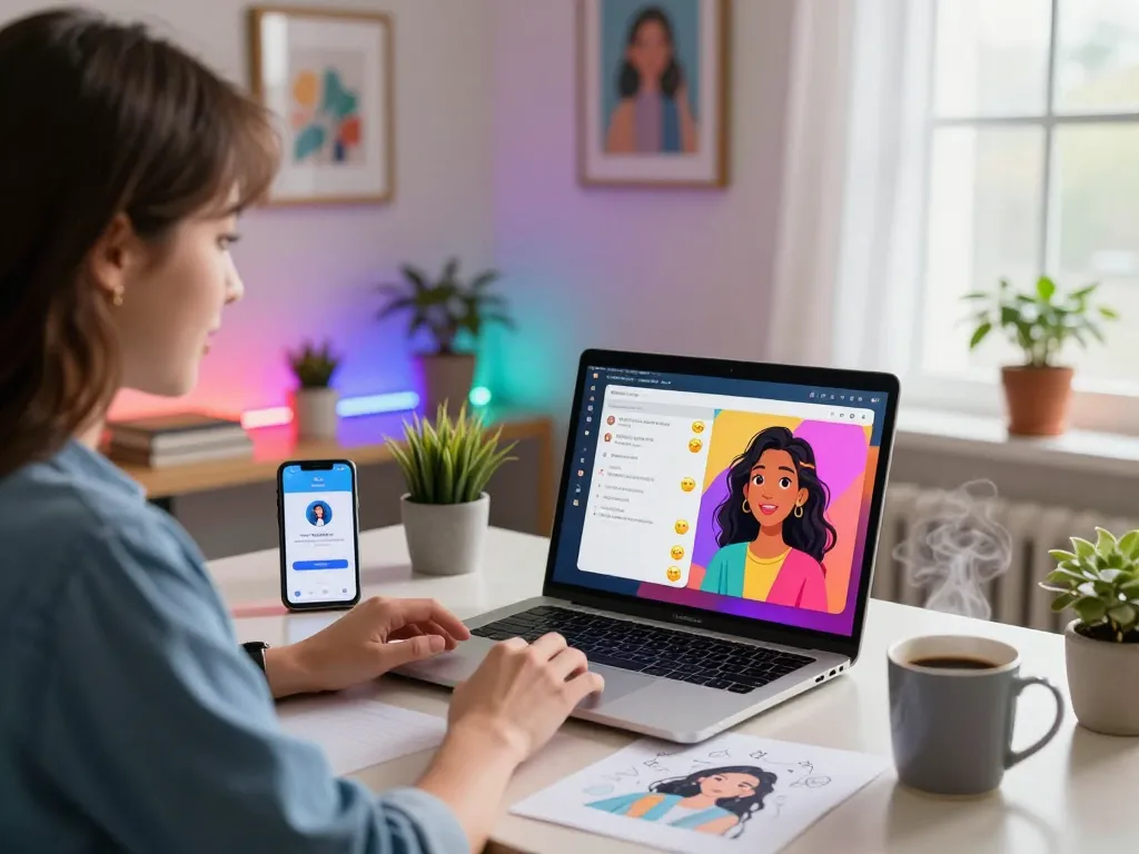 Engaging chat scene with an AI girlfriend on a laptop in a cozy home office.