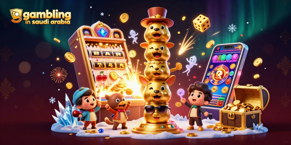 Experience the thrill of gambling in Saudi Arabia with vibrant slot machines and celebratory symbols.