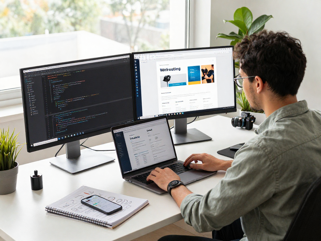 Trabajo en un espacio de desarrollo tecnológico con hosting en México, programador frente a monitores y laptop.