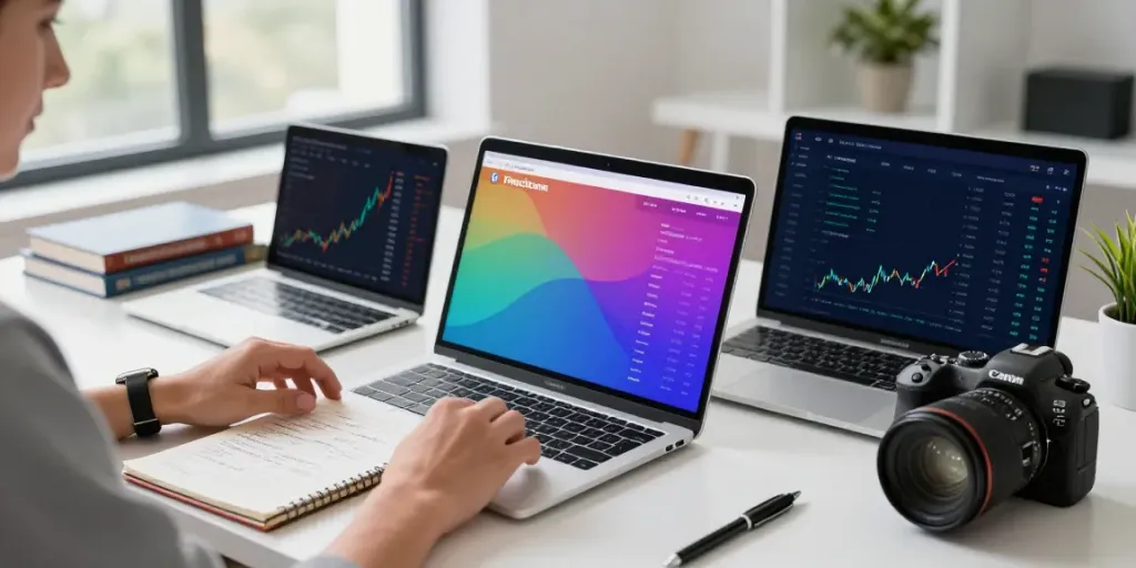 Examining FintechZoom.com on a laptop in a modern office setup with financial charts and notes.