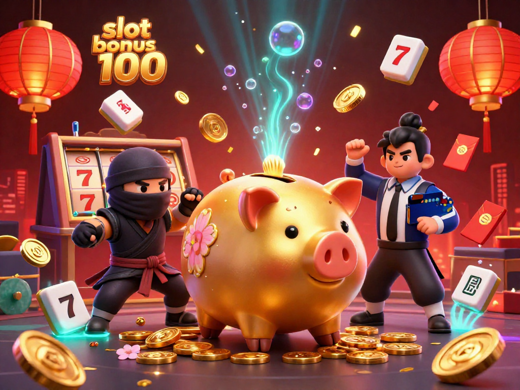 Experience the excitement of slot bonus 100 with golden coins and festive casino elements in this vibrant illustration.