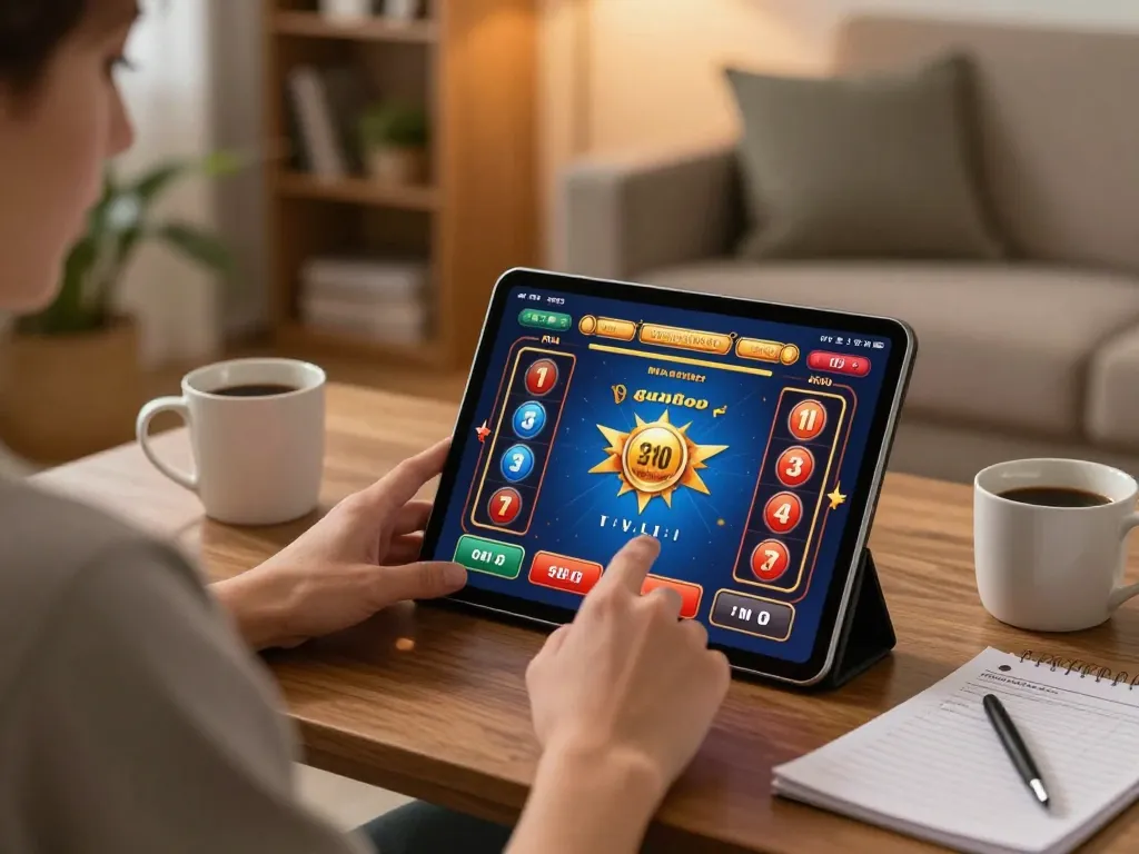 Engaged player enjoying non gamstop casinos gameplay on tablet with cozy home environment.