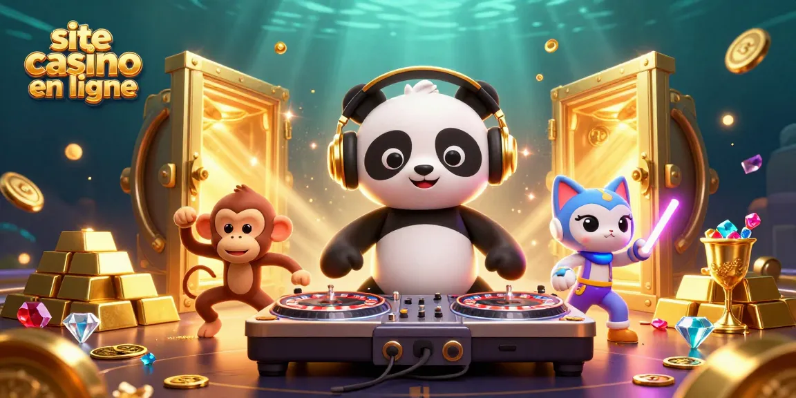 Animant un site casino en ligne, le panda DJ mixe sur des rouleaux de roulette, entouré de trésors éclatants.