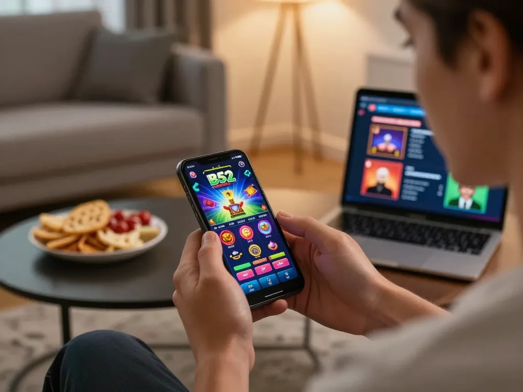 B52 gaming app displayed on a smartphone during strategic online gambling session at home.