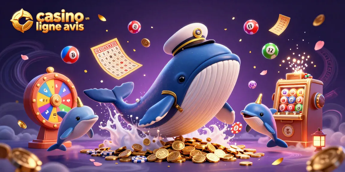 L'univers dynamique des avis de casino en ligne avec une baleine géante et des ballons de loterie colorés.