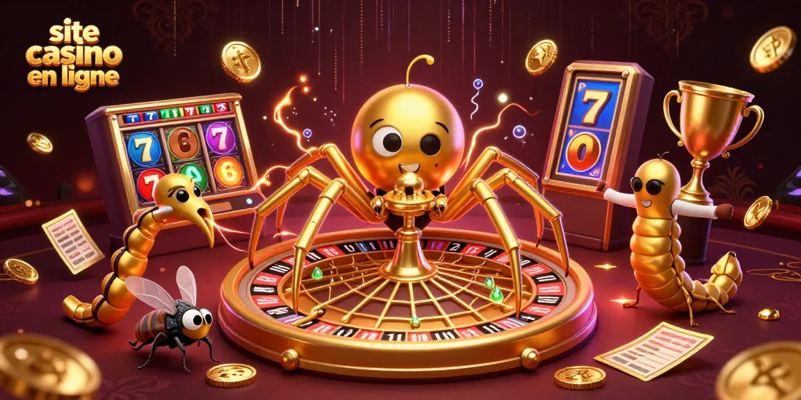 Faites des paris sur un site casino en ligne avec une toile dorée de roulette, des éléments de jeu vibrants.