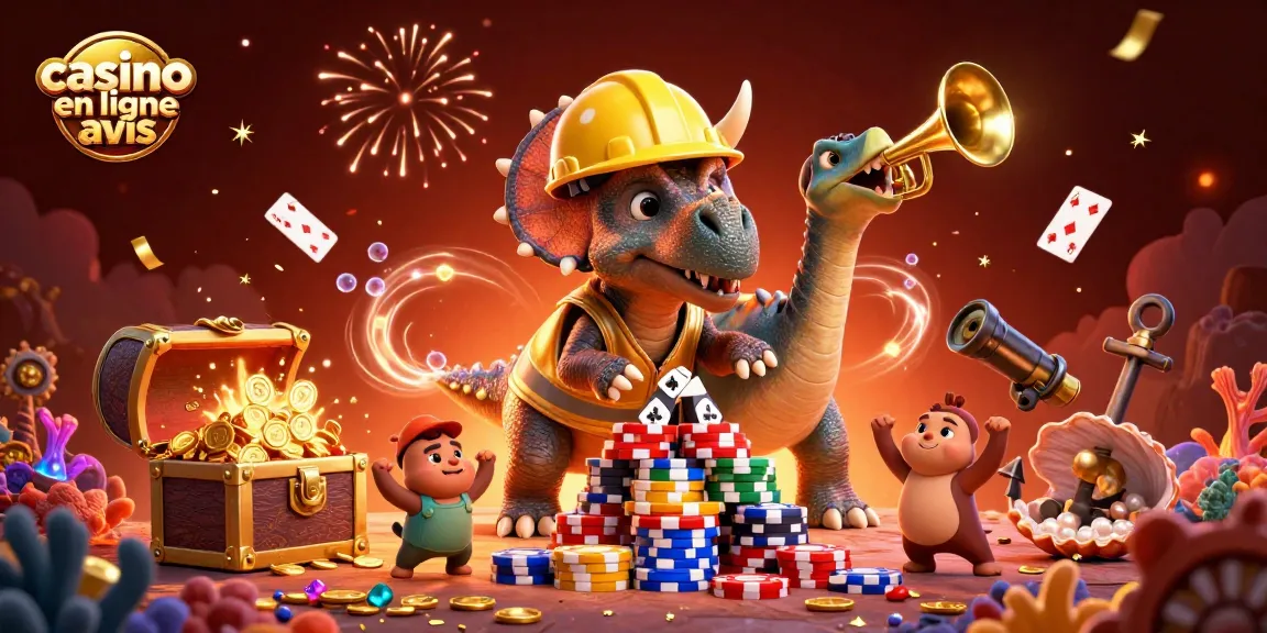 Casino en ligne avis : illustration d'un triceratops construisant des jetons de poker, célébrant dans un monde sous-marin