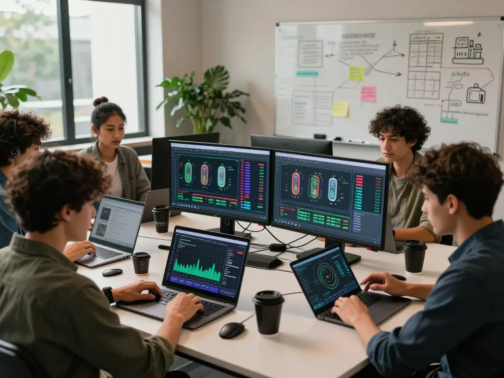 Collaborative team engaging in online crypto mining evaluation with laptops and vibrant metrics.