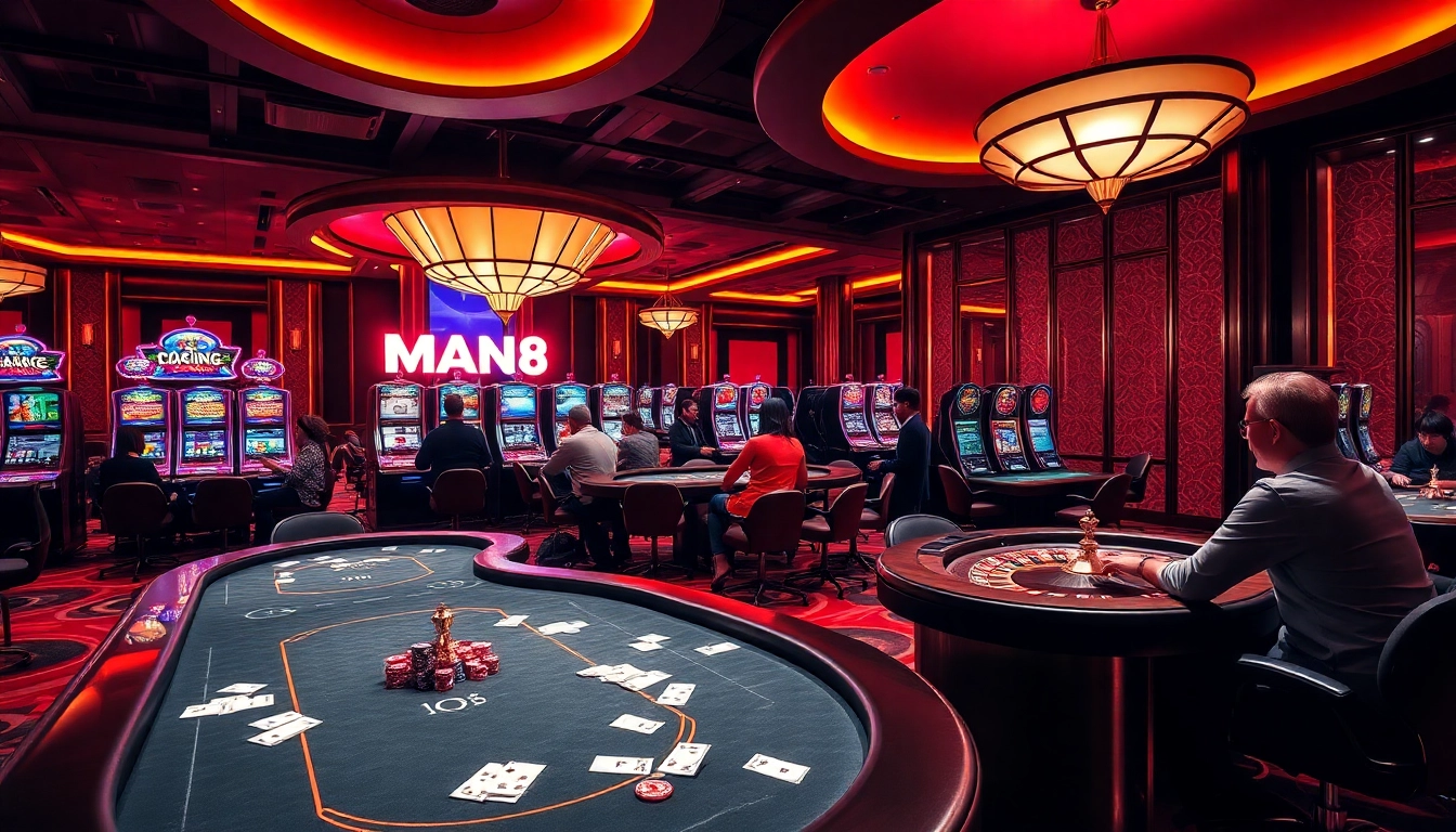 Man88 casino scene showcasing poker tables and energized players in action.