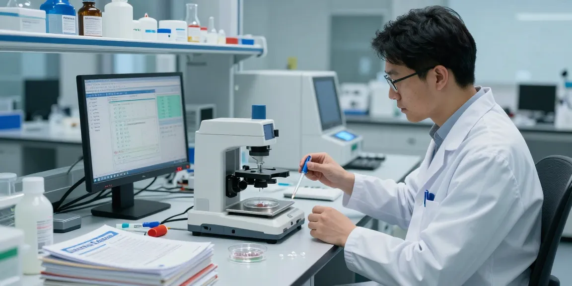 Scientist analyzing SwissChems peptide samples in a modern lab setting.