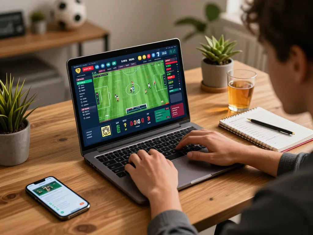 Exciting online betting action with Nhà cái XIBET, showcasing live sports odds and strategic notes on a laptop.