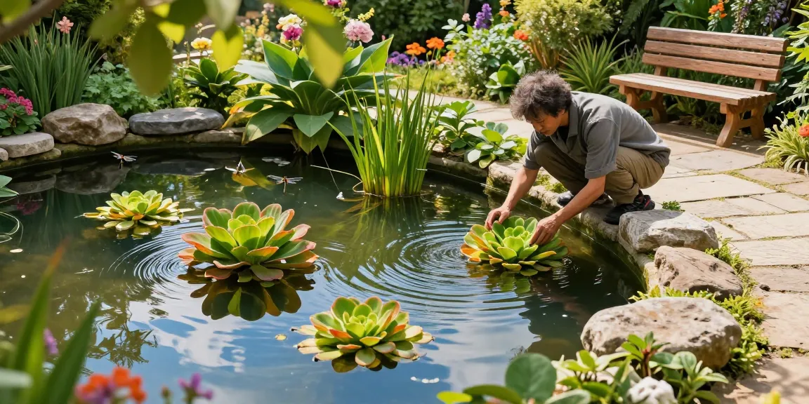 Pond Plants flourishing in a tranquil garden pond with a gardener planting new greenery.