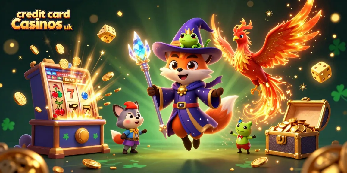 Experience the excitement of credit card casinos UK with a dynamic 3D illustration featuring a wizard fox and a phoenix.